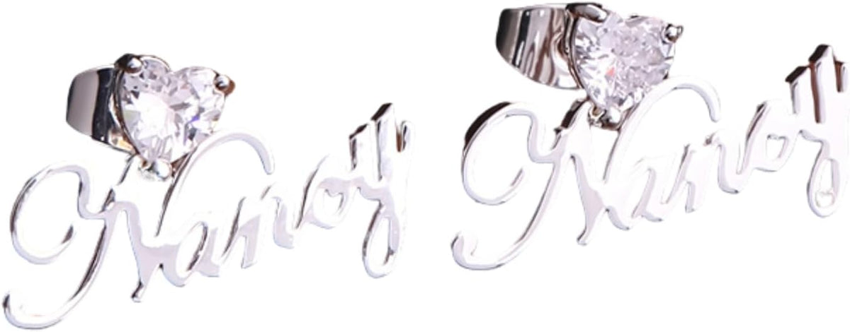 Custom Name Earrings with Heart Zircon – Personalized Cursive Nameplate Studs