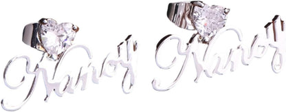Custom Name Earrings with Heart Zircon – Personalized Cursive Nameplate Studs
