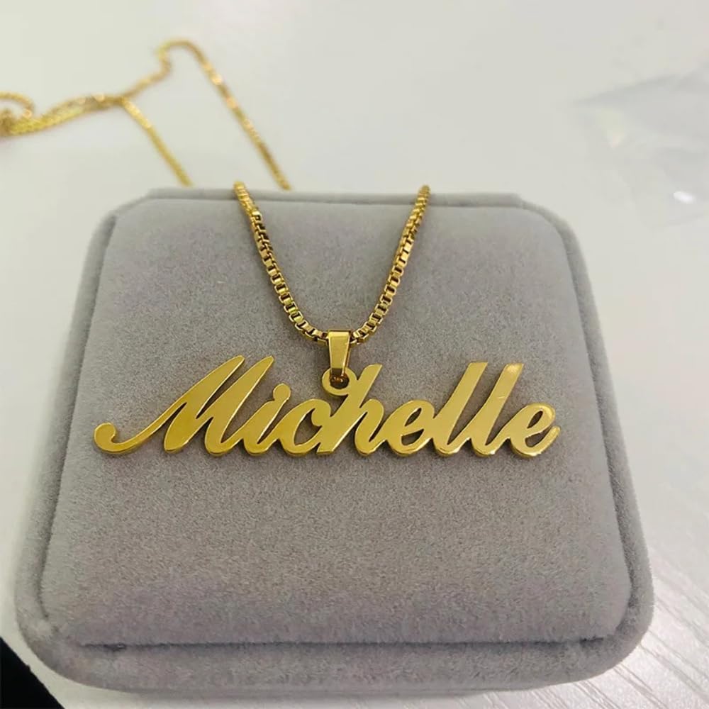 Personalized Name Pendant Necklace with Box Chain – Cursive Nameplate