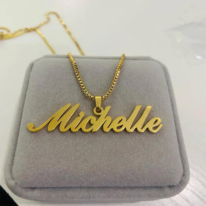 Personalized Name Pendant Necklace with Box Chain – Cursive Nameplate