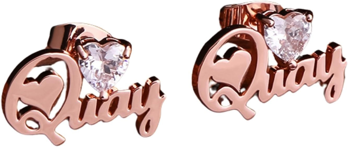 Custom Name Earrings with Heart Zircon – Personalized Cursive Nameplate Studs