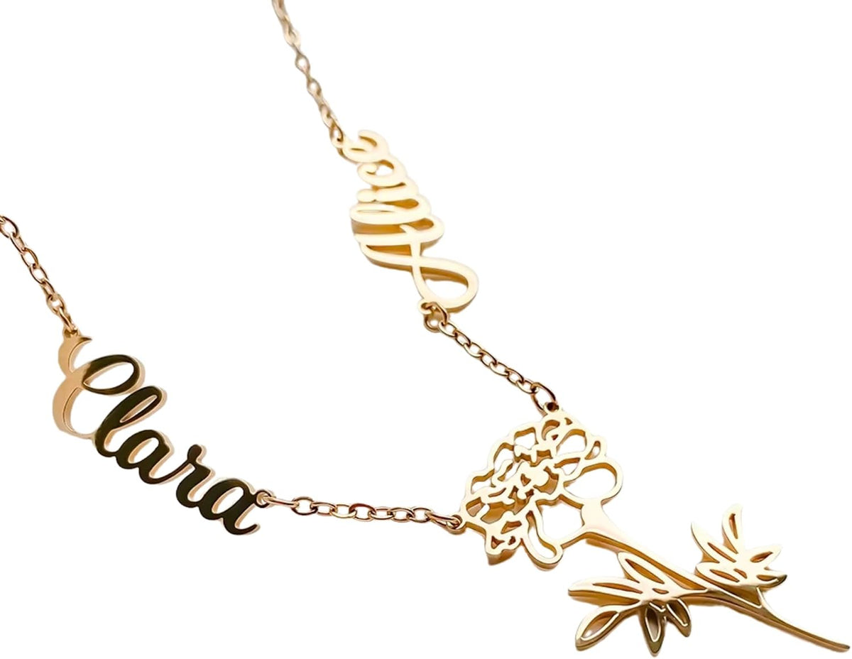 Custom Double Name Necklace with Botanical Flower Charm