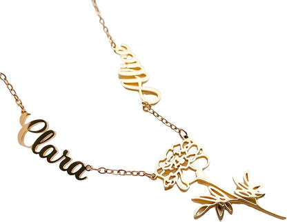 Custom Double Name Necklace with Botanical Flower Charm