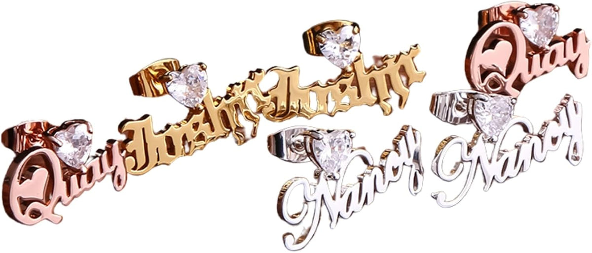 Custom Name Earrings with Heart Zircon – Personalized Cursive Nameplate Studs