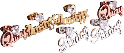 Custom Name Earrings with Heart Zircon – Personalized Cursive Nameplate Studs