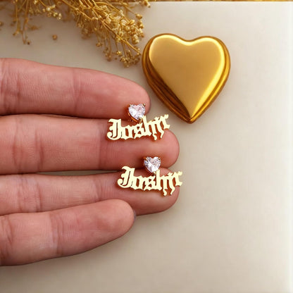 Custom Name Earrings with Heart Zircon – Personalized Cursive Nameplate Studs