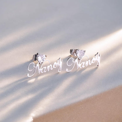 Custom Name Earrings with Heart Zircon – Personalized Cursive Nameplate Studs