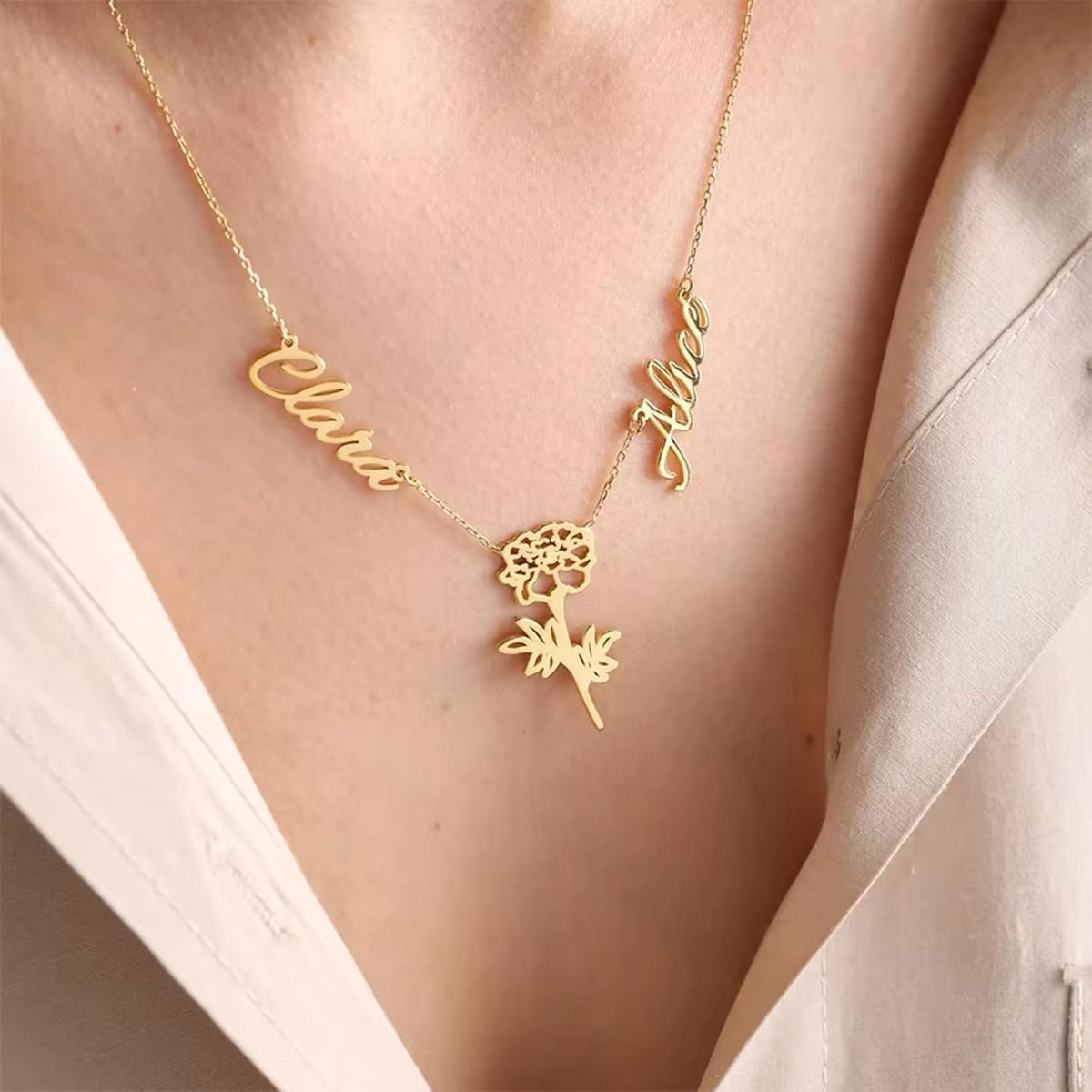 Custom Double Name Necklace with Botanical Flower Charm