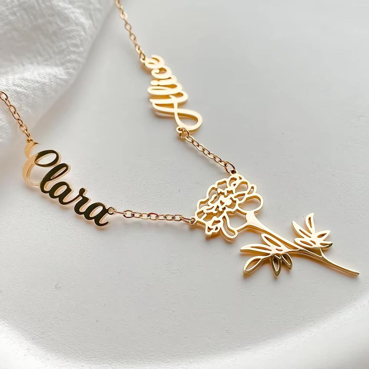 Custom Double Name Necklace with Botanical Flower Charm