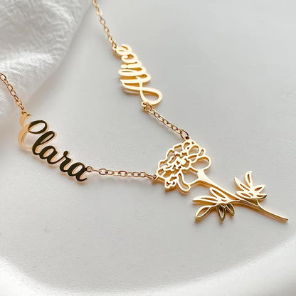 Custom Double Name Necklace with Botanical Flower Charm