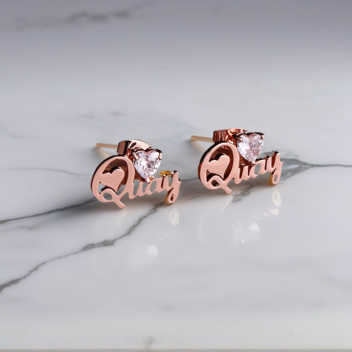 Custom Name Earrings with Heart Zircon – Personalized Cursive Nameplate Studs