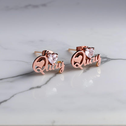 Custom Name Earrings with Heart Zircon – Personalized Cursive Nameplate Studs