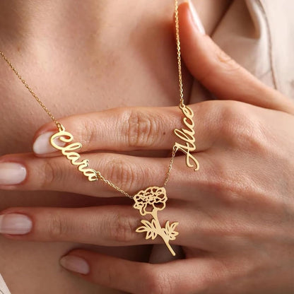 Custom Double Name Necklace with Botanical Flower Charm
