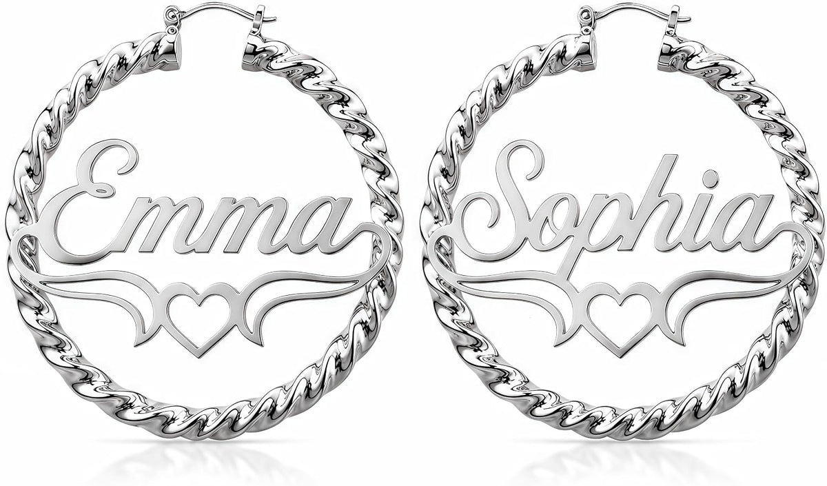 Custom Name Twisted Rope Hoop Earrings with Heart Design – 18K Gold Plated