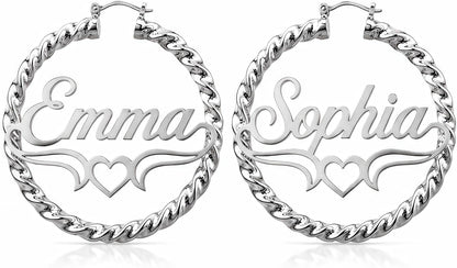 Custom Name Twisted Rope Hoop Earrings with Heart Design – 18K Gold Plated