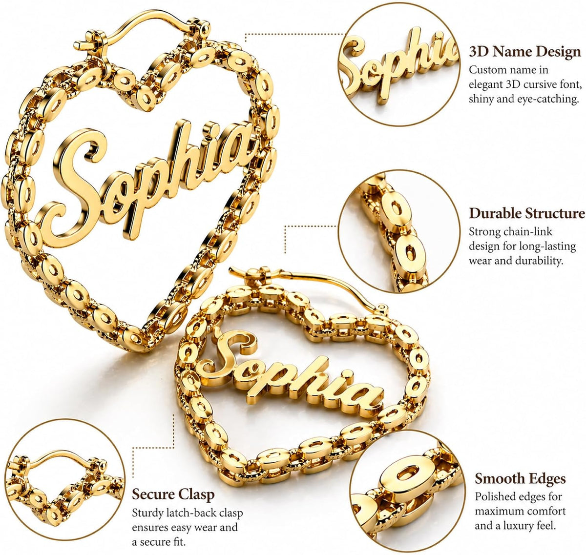 Custom Name Heart Hoop Earrings – 18K Gold Plated