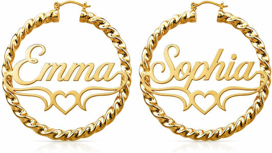 Custom Name Twisted Rope Hoop Earrings with Heart Design – 18K Gold Plated