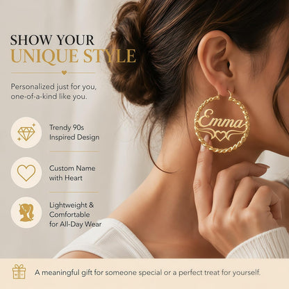 Custom Name Twisted Rope Hoop Earrings with Heart Design – 18K Gold Plated