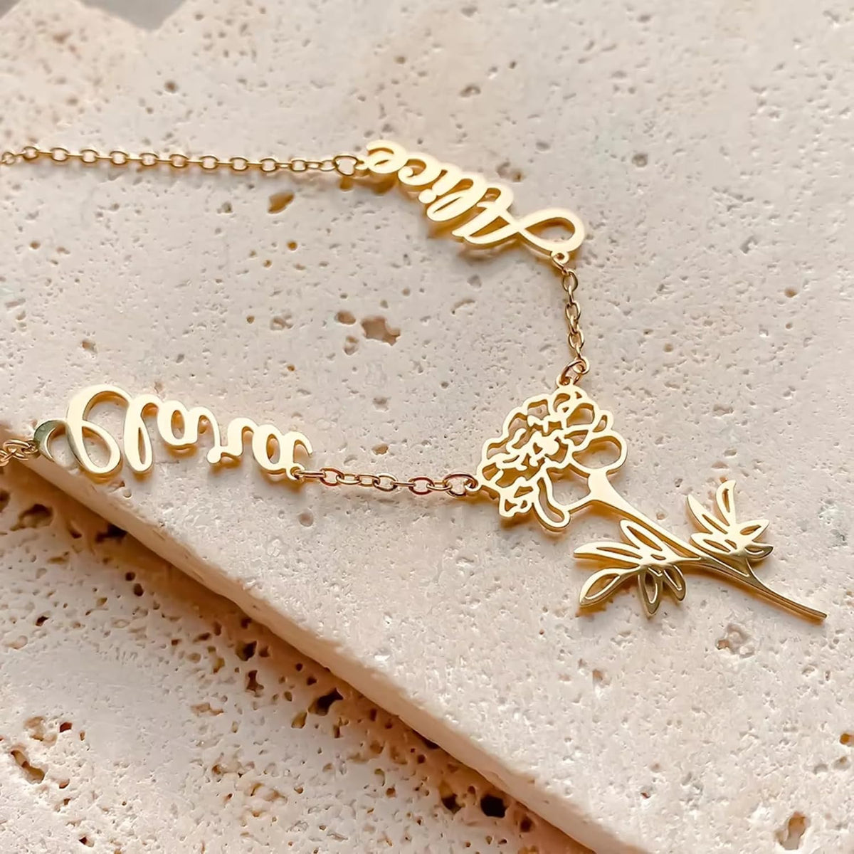 Custom Double Name Necklace with Botanical Flower Charm