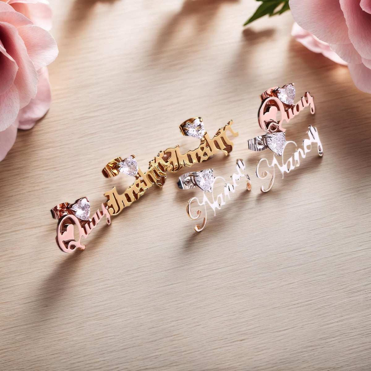 Custom Name Earrings with Heart Zircon – Personalized Cursive Nameplate Studs