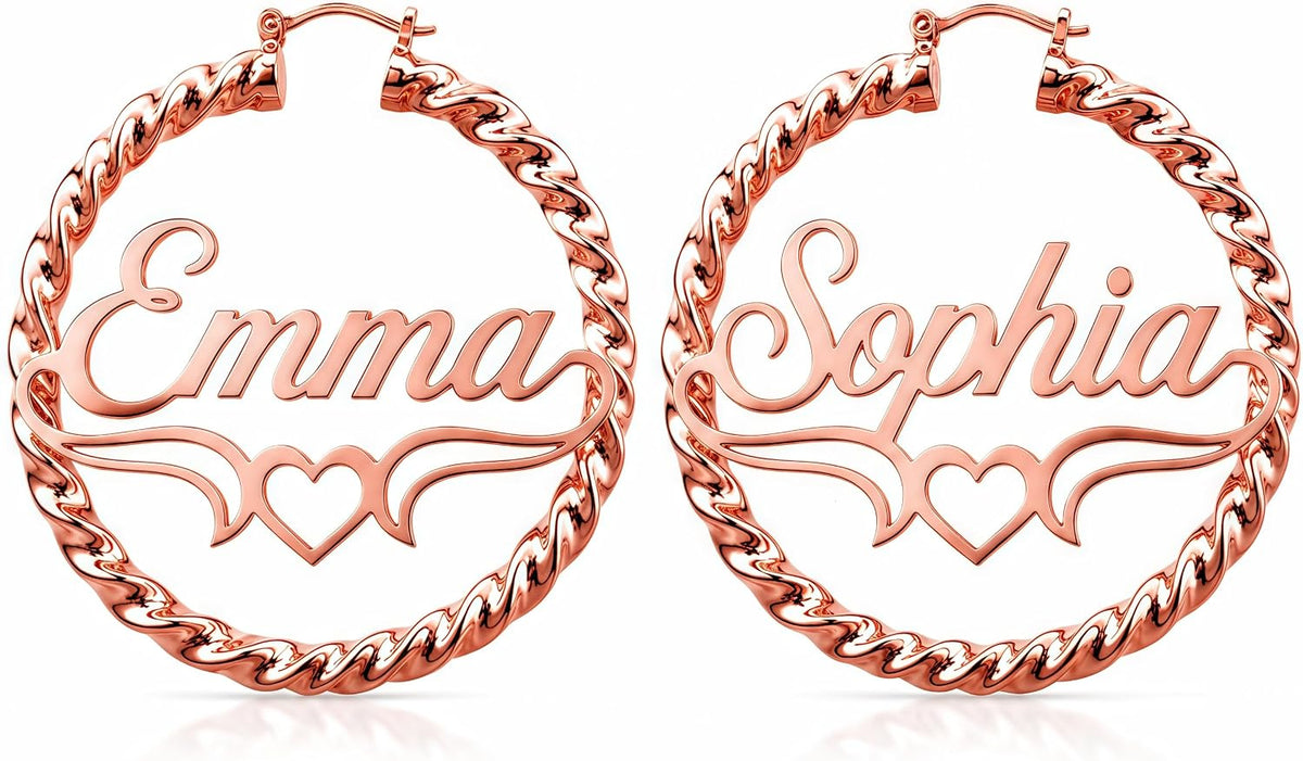 Custom Name Twisted Rope Hoop Earrings with Heart Design – 18K Gold Plated