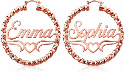 Custom Name Twisted Rope Hoop Earrings with Heart Design – 18K Gold Plated