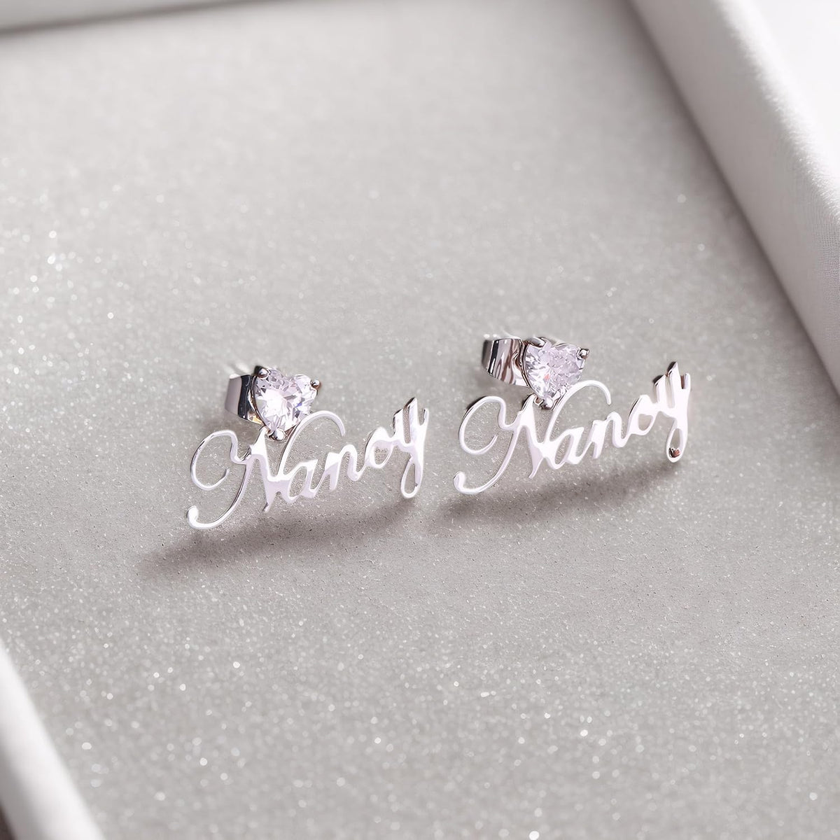 Custom Name Earrings with Heart Zircon – Personalized Cursive Nameplate Studs