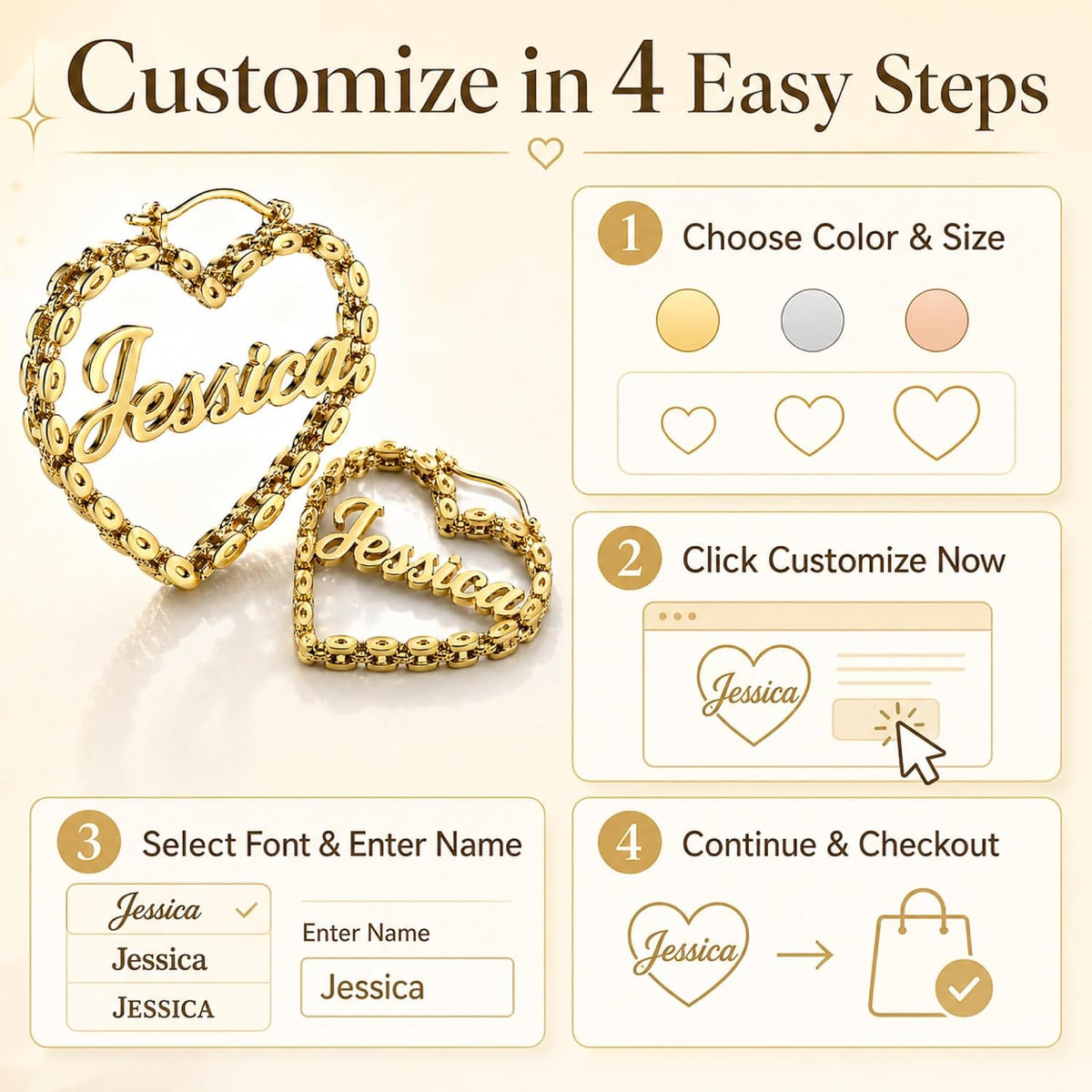 Custom Name Heart Hoop Earrings – 18K Gold Plated