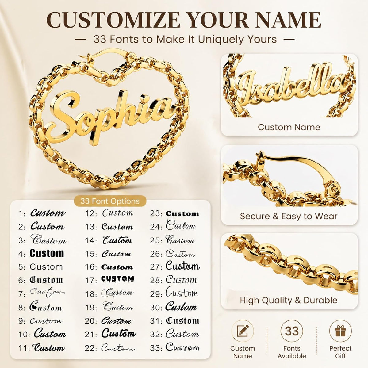 Custom Name Heart Hoop Earrings – 18K Gold Plated