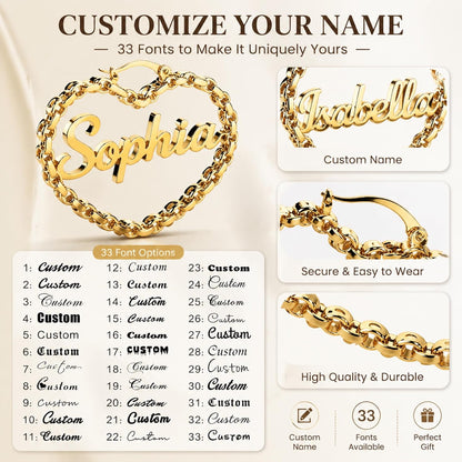 Custom Name Heart Hoop Earrings – 18K Gold Plated