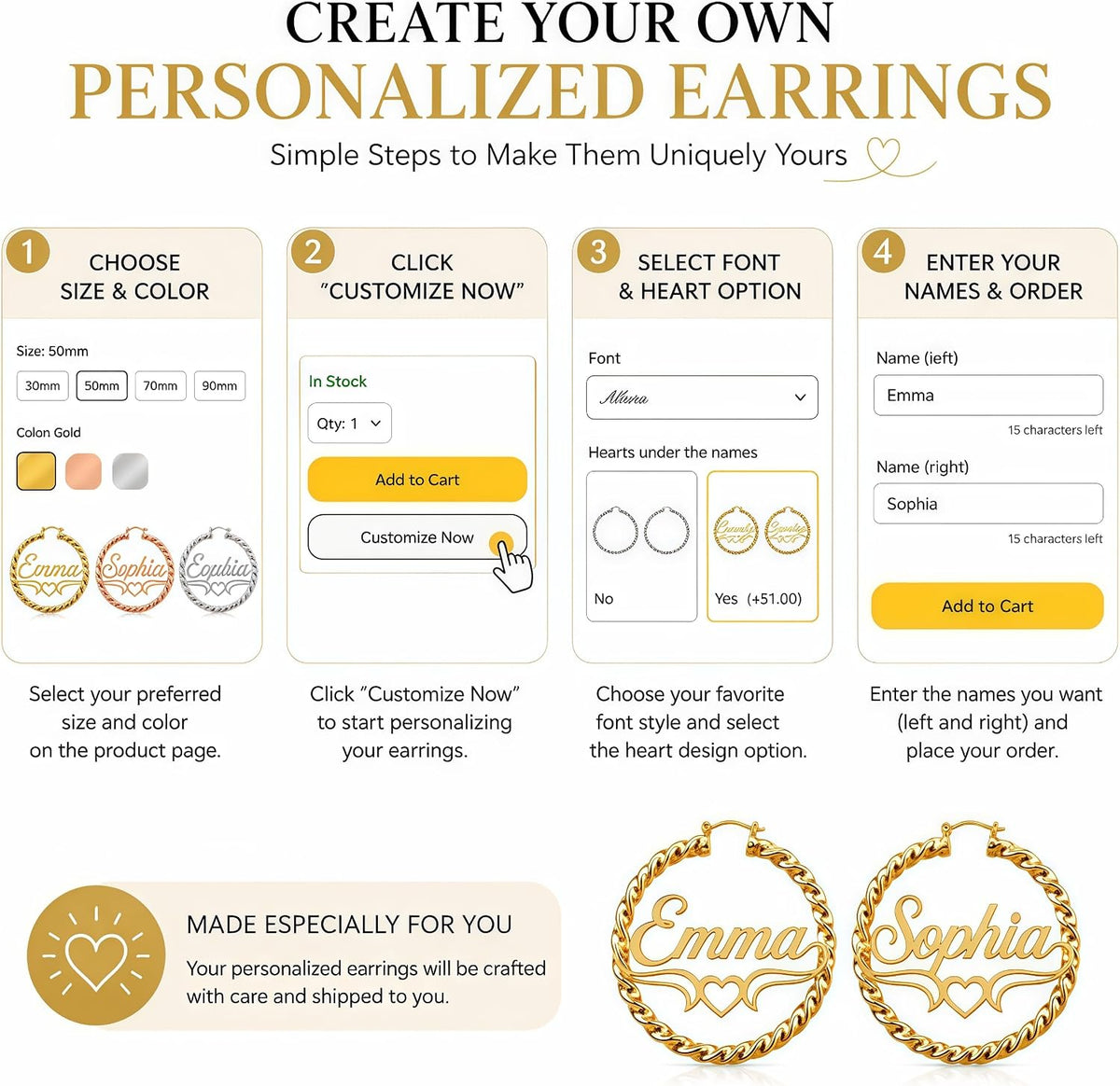Custom Name Twisted Rope Hoop Earrings with Heart Design – 18K Gold Plated