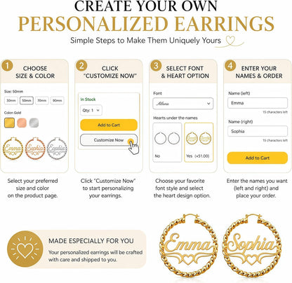 Custom Name Twisted Rope Hoop Earrings with Heart Design – 18K Gold Plated
