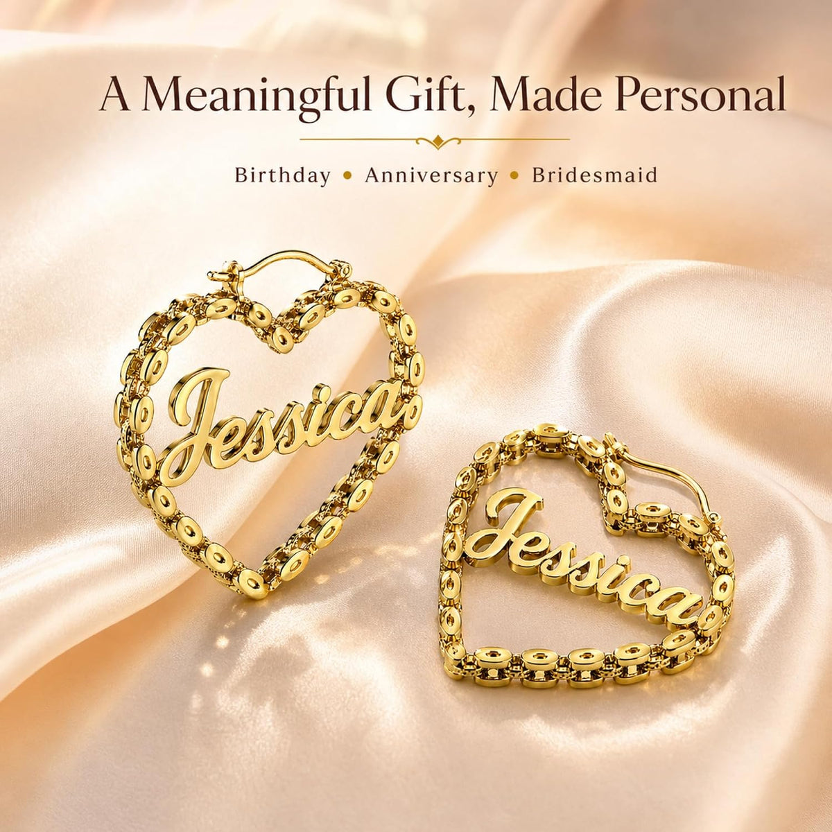 Custom Name Heart Hoop Earrings – 18K Gold Plated