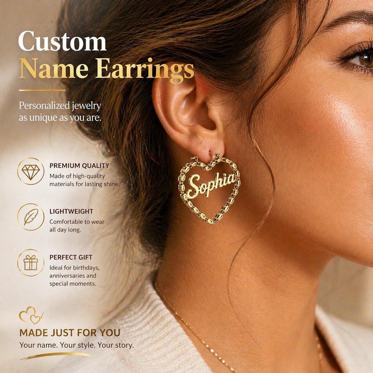 Custom Name Heart Hoop Earrings – 18K Gold Plated