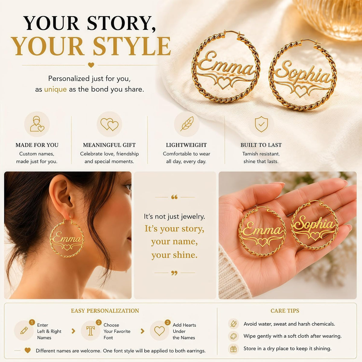 Custom Name Twisted Rope Hoop Earrings with Heart Design – 18K Gold Plated