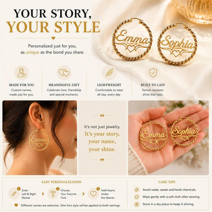 Custom Name Twisted Rope Hoop Earrings with Heart Design – 18K Gold Plated