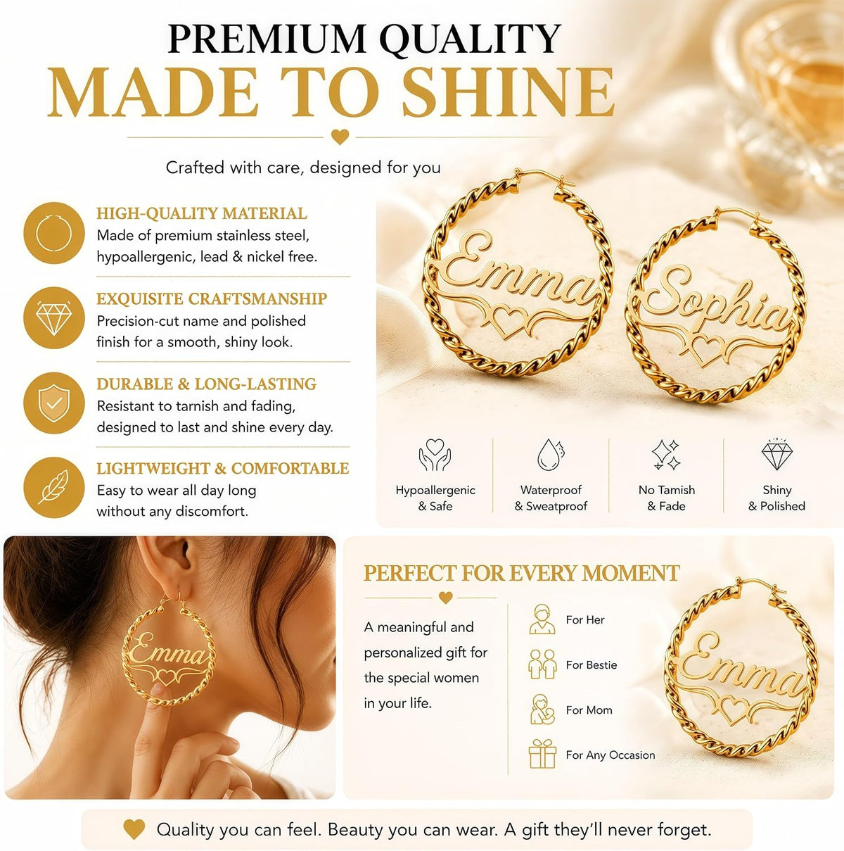 Custom Name Twisted Rope Hoop Earrings with Heart Design – 18K Gold Plated