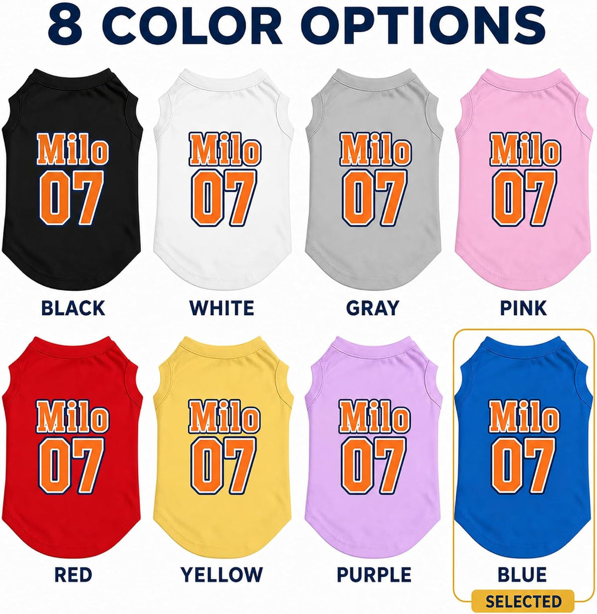 Custom pet shirt color options with name and number print