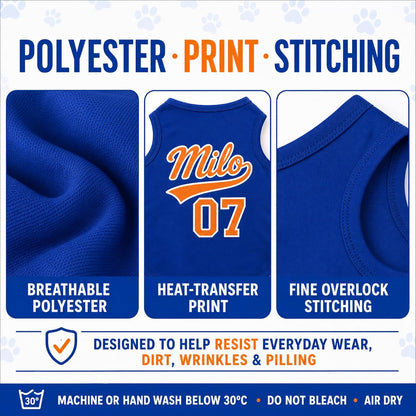Custom pet shirt details: breathable polyester, heat-transfer print, overlock stitching