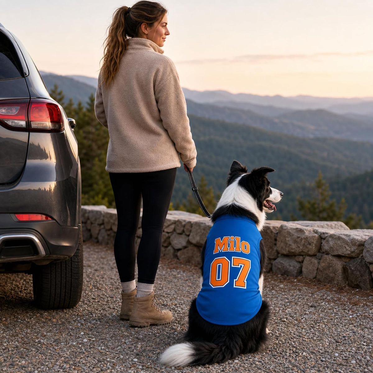Dog in a blue custom pet shirt on a scenic road trip with its owner