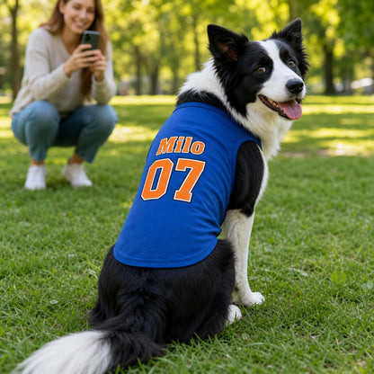 Border collie in a blue custom pet shirt sitting on grass in a park